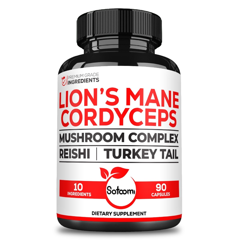 Satoomi 10in1 Cordyceps Mushroom Supplement - Lions Mane, Türkiye Tail Mushroom, Reishi Mushroom & Other - 90 Capsules for 90 Service Supply Supply