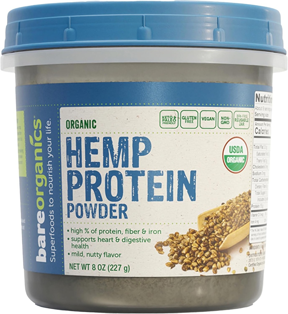 BareOrganics Hemp Seed Protein | USDA Organik, Non-GMO & Vegan, 8oz, 8.0 Ounce