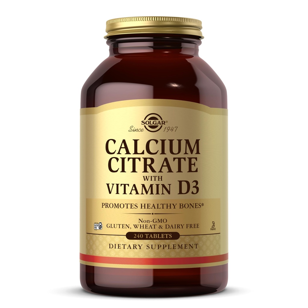 Solgar Calcium Citrate with Vitamin D3, 240 Tablets - Προάγει υγιή οστά & δόντια, υποστηρίζει μυοσκελετικά & νευρικά συστήματα - Μη ΓΤΟ, χωρίς γλουτένη, χωρίς γαλακτοκομικά, Kosher - 60 εξυπηρετήσεις