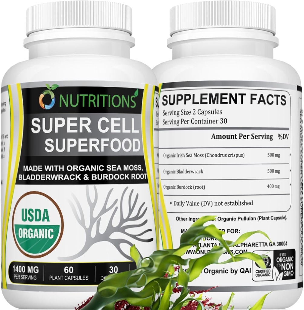 Sea Moss 60 Capsules USDA sertifikalı Organik İrlandalı Deniz Moss Capsules with Bladderwrack & Burdock Root – Immune Support Supplement for Men and Women – Womens Vitamins and Mens Vitamins (1 Pack)