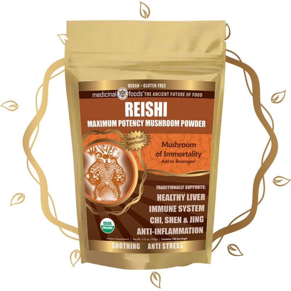 Tıbbi Gıdalar Reishi Mushroom Toz - En Yüksek Potency, Full-Spectrum, Soothing, Anti-Stress, For Smoothies & Tea, Organic, Vegan, Non-GMO, Gluten-Free (100 hizmet)