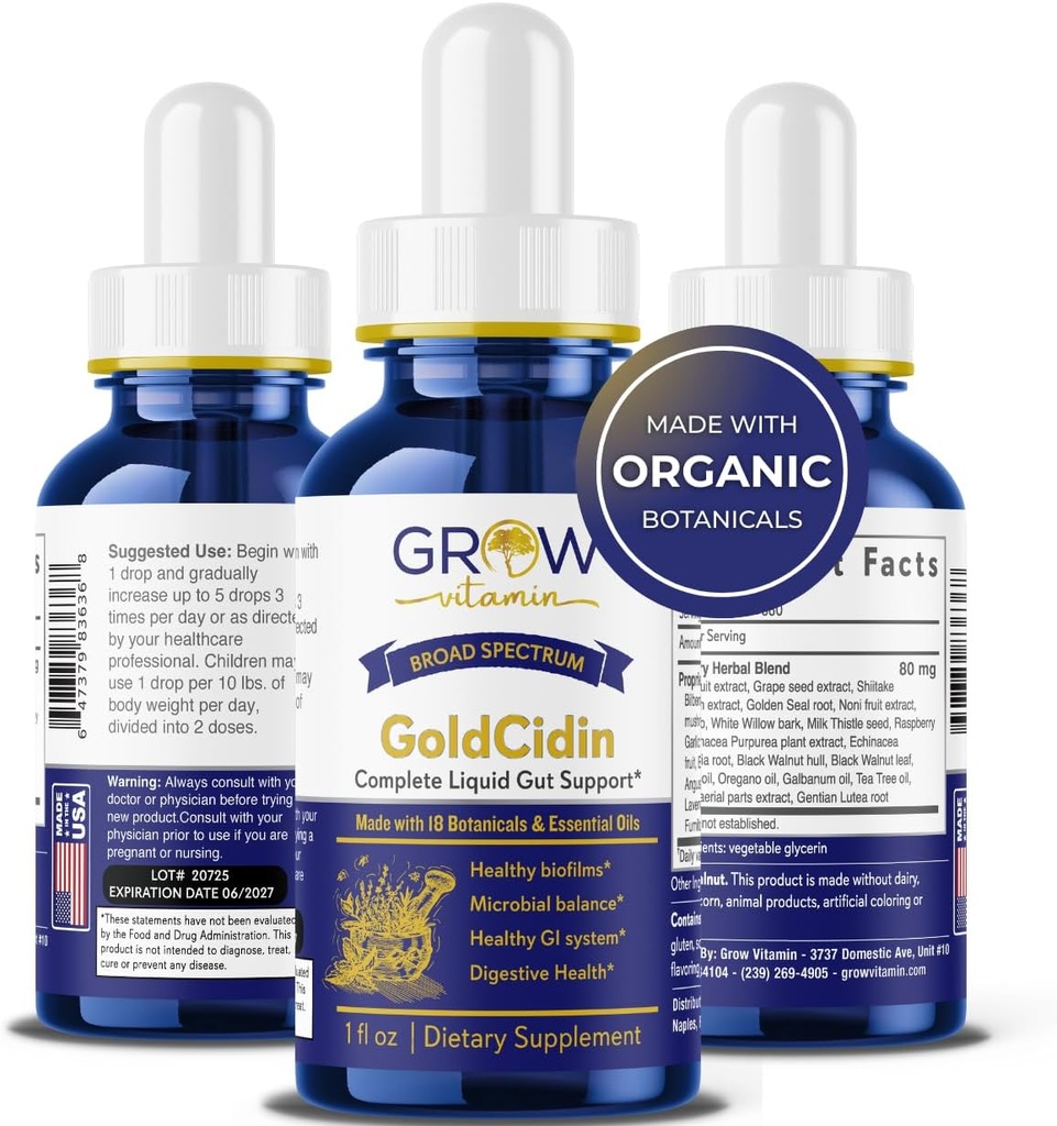Vitamin GoldCidin Gut Health Supplement, 18 Botanik Türleri, Eliminates Irritants & Biofilms, Discovers Beneficial Flora, 18 Botanical & Essential Oil Mix - (1 oz)