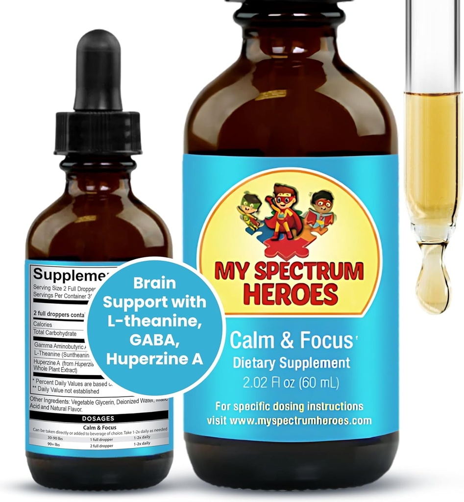 My Spectrum Heroes Calm & Focus Supplement Drops - L-theanine, GABA, Huperzine A - Çocuklar veya Yetişkinler için geliştirilmiş Focus - Çocuklar ve Gençler için İyileştirme - 2.02 FL oz. (60 ml)