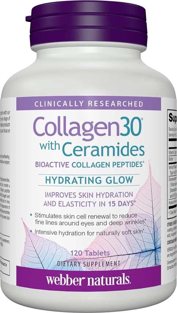 Webber Naturals Collagen30, Ceramids, Bioaktif Collagen,, 120 Tablet, Hydrating Glow, Skin Hydration, Elasticity & Smoothness, Non GMO, Dairy & Gluten Free Collagen,, 120 Tablet, Hydrating Glow, Helps improve Skin Hydration, Elasticity & Smoothness, Non GMO, Dairy & Gluten Free