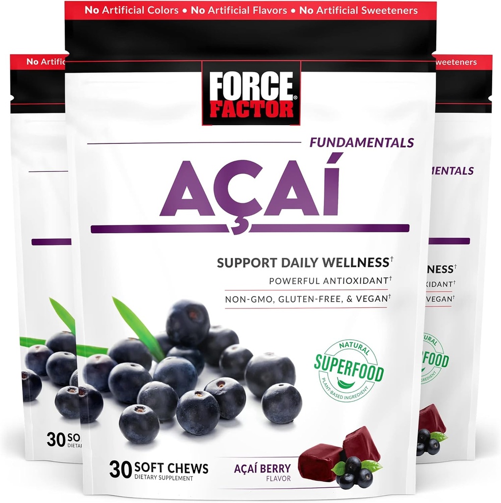 Force Factor Acai μαλακά μάσημα για την υποστήριξη του ανοσοποιητικού, Oxidative Stress Defense, Superfood και Antioxidants συμπλήρωμα, μη-GMO, Gluten-free, και Vegan, Acai Berry Flavor, 30 μαλακά μάσημα, 3-Pack
