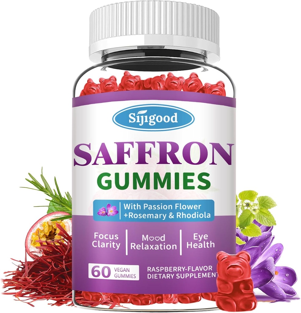 Saffron Gummies - Erkekler için Şeker Ücretsiz Saffron Supplement, Saffron Extract, Passion Flower, Magnezyum & Vitamins for Relaxation, Focus, Raspberry Flavor, 60 Count
