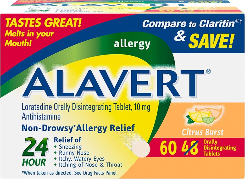 Alavert Alerji 24 Saat Yardımı, Citrus Burst Flavor, Orally Disintegrating Antihistamine, Loratadine 10 mg, 60 Count