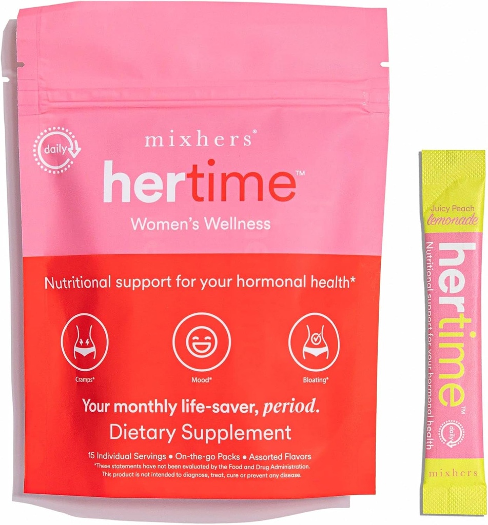 MIXHERS Hertime PMS - Υποστηρίζει την Ορμονική Υγεία για τις γυναίκες - Υποστηρίζει έναν υγιή εμμηνορρυσιακό κύκλο - με Ορυκτά, Ρίζες Peony, Σιβηρική Ginseng - Χωρίς ζάχαρη - 15 πακέτα ποτών - Λεμονάδα Ροδάκινο