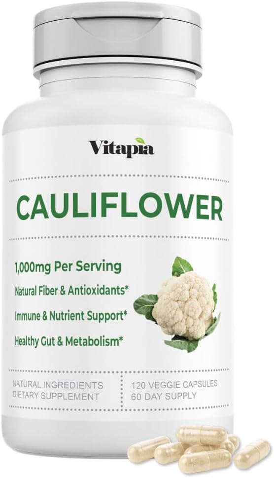 Organic Cauliflower Superfood Veggies Powder Supplement - Natural Sulforaphane, Vitamins, Minerals for Digestion, Energy, Antioxidant Support - 120 Vegetable Capsules, Non-GMO, Gluten-Free