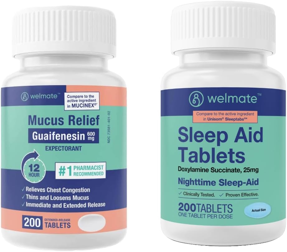 WELMATE Nighttime Wellness Sche: Mucus Relief Guaifenesin 600 mg Mucus Relief (200 Ct) & Doxylamine Succinate 25 mg Sleep Aid (200 Ct) | Genişletilmiş Uyku Yardımı