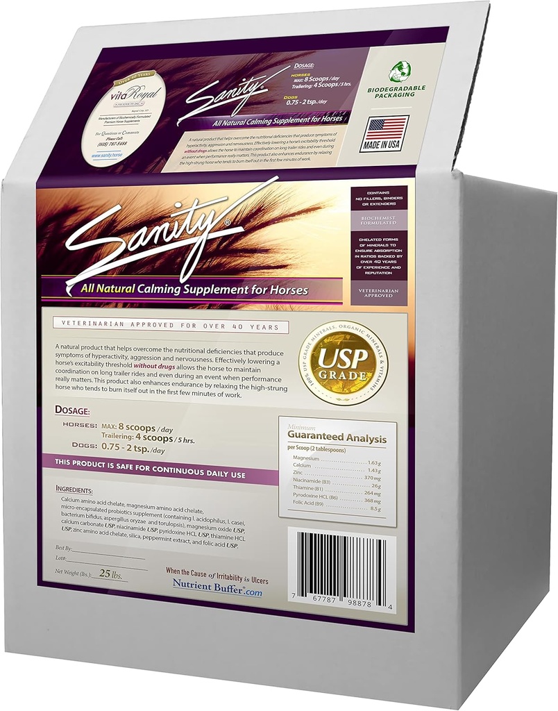 Sanity - Equine Behavioral Calming Focus Supplement for Horses - Μαγνήσιο, Ασβέστιο, Ψευδάργυρος, Β Βιταμίνες, Αμινοξέα, Προβιοτικά, Θιαμίνη, Φολικό οξύ, Νιασίνη, Μέντας & Περισσότερα