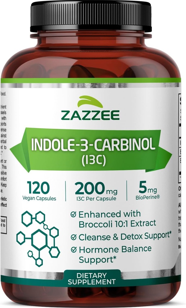 Zazzee Υψηλή Απορρόφηση Ινδολο-3-καρβινόλη (I3C), 200 mg ανά Καψάκιο, 120 Κάψουλες Vegan, 4 Μήνες Προσφορά, 5 mg BioPerine για Ενισχυμένη Απορρόφηση, 100% Χορτοφαγική, Όλα-Φυσικά και Μη-ΓΤΟ