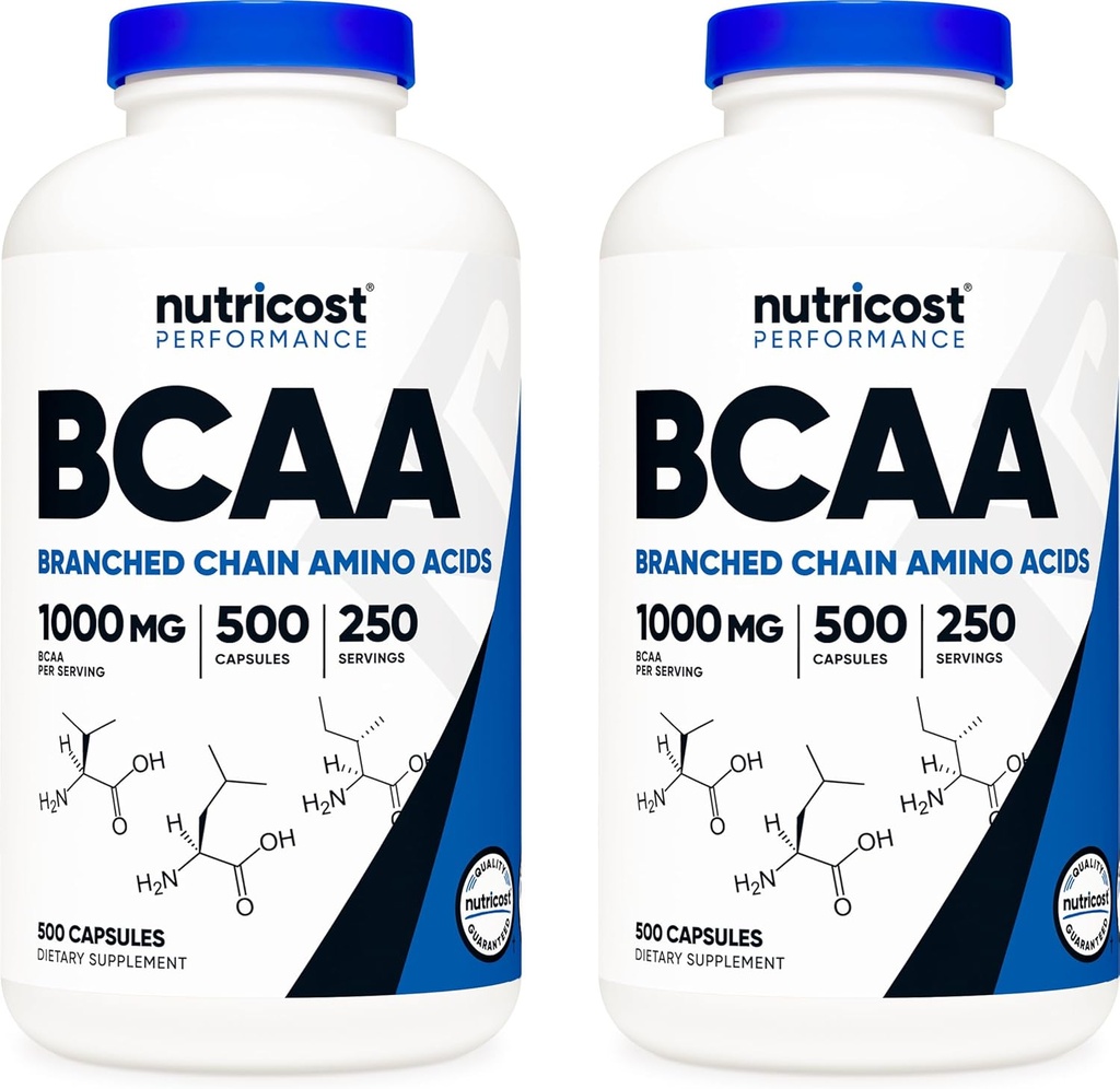 Nutricost BCAA 1000mg, 500 κάψουλες (250 Serv), 2:1:1 Διακλαδισμένη Αλυσίδα Αμινοξέα (500mg L-λευκίνης, 250mg L-ισολευκίνης και L-βαλίνης) (2 φιάλες)