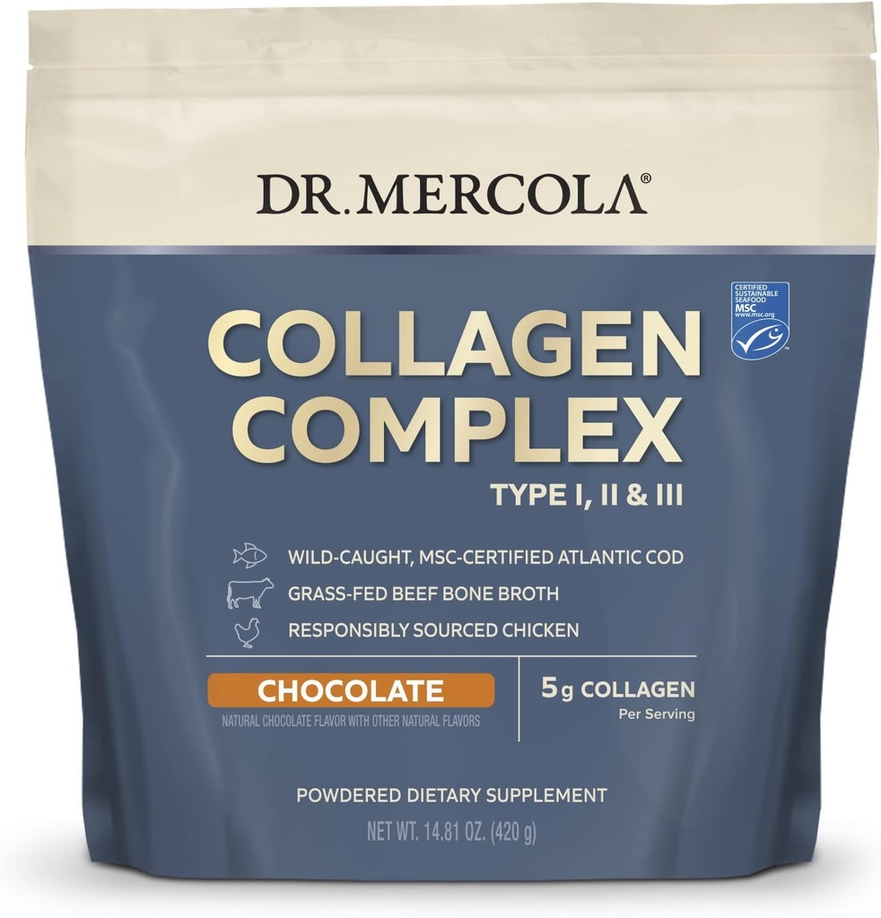 Dr. Mercola Collagen Complex Powder - Supports Skin Elasticity & Joint Function - Multi-Source Collagen Types I II III - 10.89 oz (30 Servings) - Chocolate