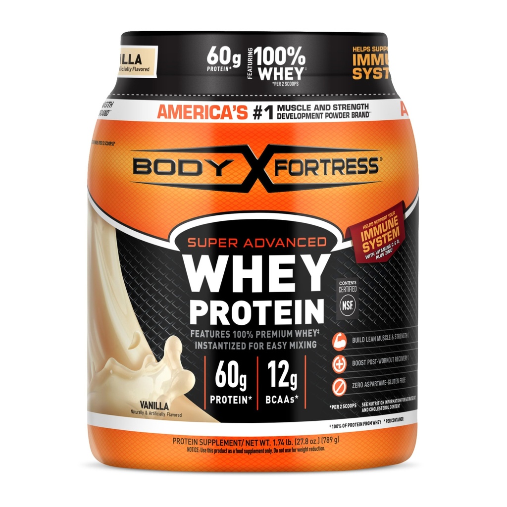 Body Fortress Super Advanced Whey Protein Toz, Vanilla, Immune Support (1), Vitamins C & D Plus çinko, 1.74 lbs