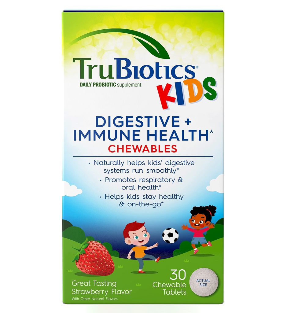 TruBiotics Çocuklar için Probiyotikler Digestive & Immune Health Support, Sugar-Free Chewable Kids Probiyotik Sağlıklı Bir Tummy, Natural Strawberry Flavor, 30 Tabletler