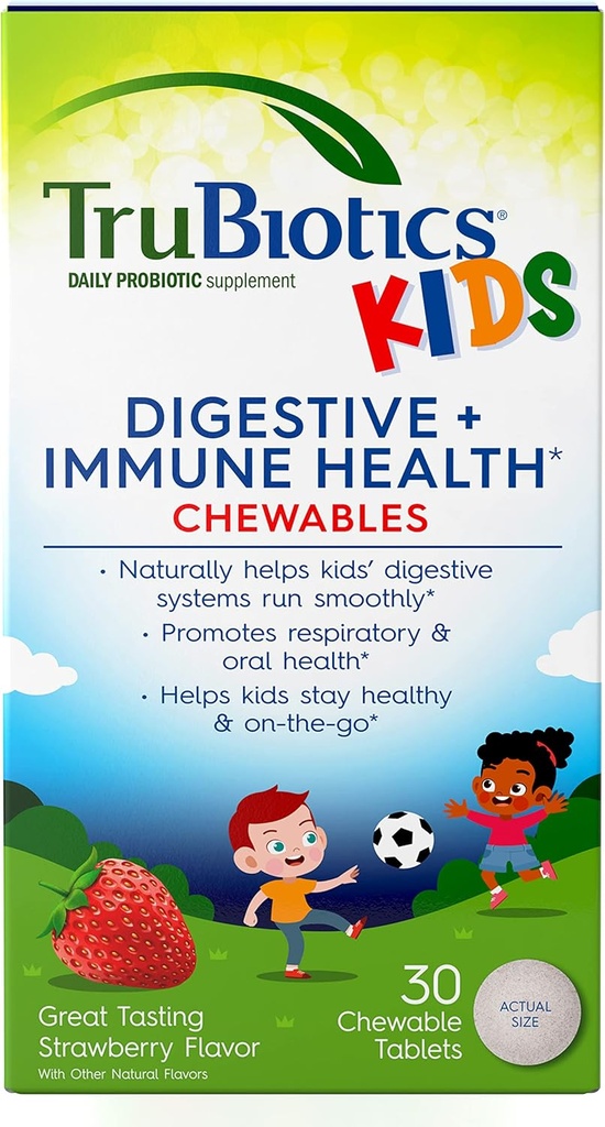 TruBiotics Çocuklar için Probiyotikler Digestive & Immune Health Support, Sugar-Free Chewable Kids Probiyotik Sağlıklı Bir Tummy, Natural Strawberry Flavor, 30 Tabletler