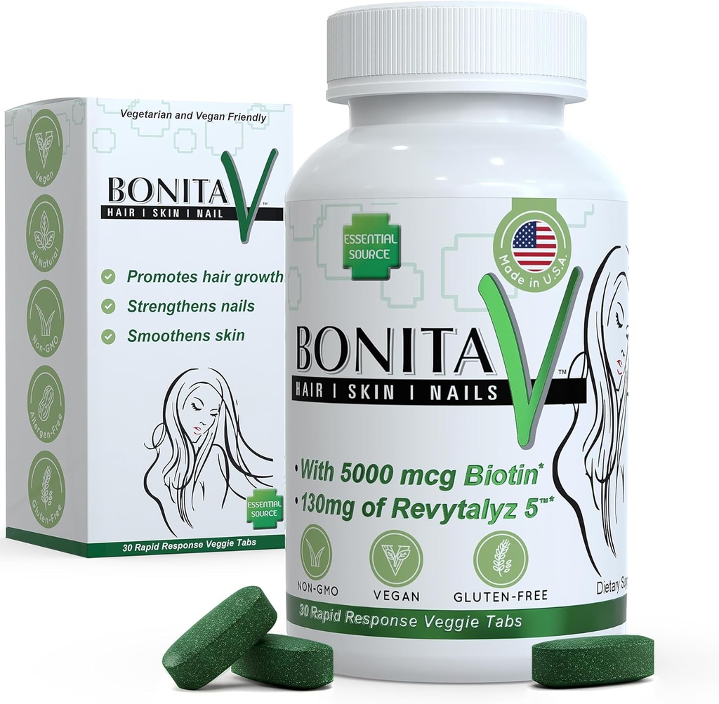 Temel Kaynak Biyotin (Biotina Vitaminas) - Kadınlar ve Erkekler için Saç Deri Nailleri - 5000 mcg - Saç Büyüme Desteği Supplements - 30 Tablet - Revytalyz 5 ile, A, C, B12 - ABD'de Yap