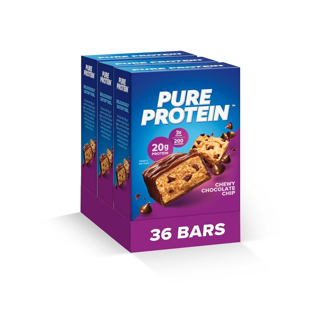 Pure protein Bars, Yüksek Protein, Nutritious Snacks to Support Energy, Low Sugar, Gluten Free, Chewy Chocolate Chip, 36