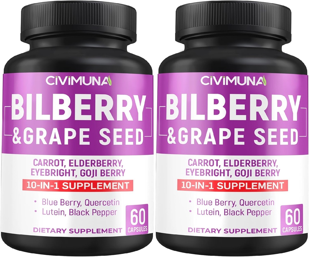 Bilberry Capsules with Bilberry, Grape Seed, Carrot, Elderberry and More - 120 Capsules forr 4 Ay Supply (Pack of 2)