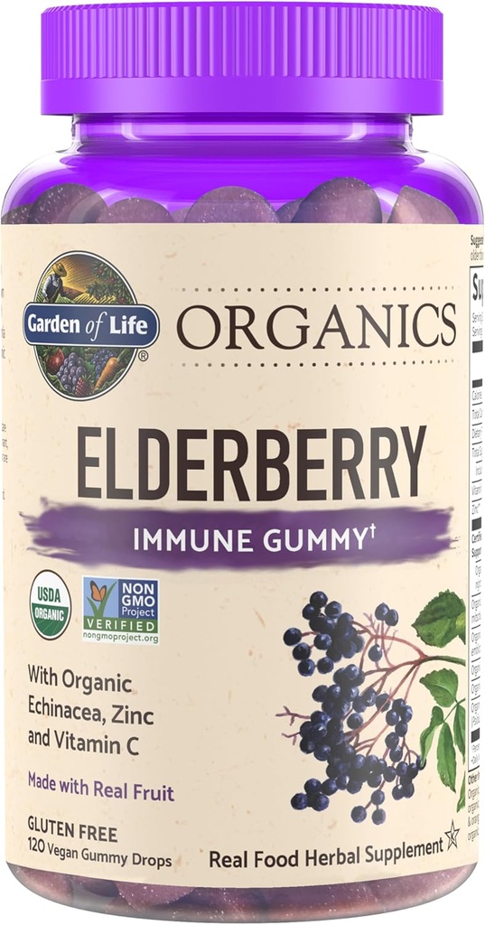 Life Organics Elderberry Gummies for Yetişkinler & Çocuklar - Immune Support Supplement with Organic Fruit, Herbal Mix, Elderberry, Echinacea, çinko, C, 120 Vegan Gluten Free Gummies