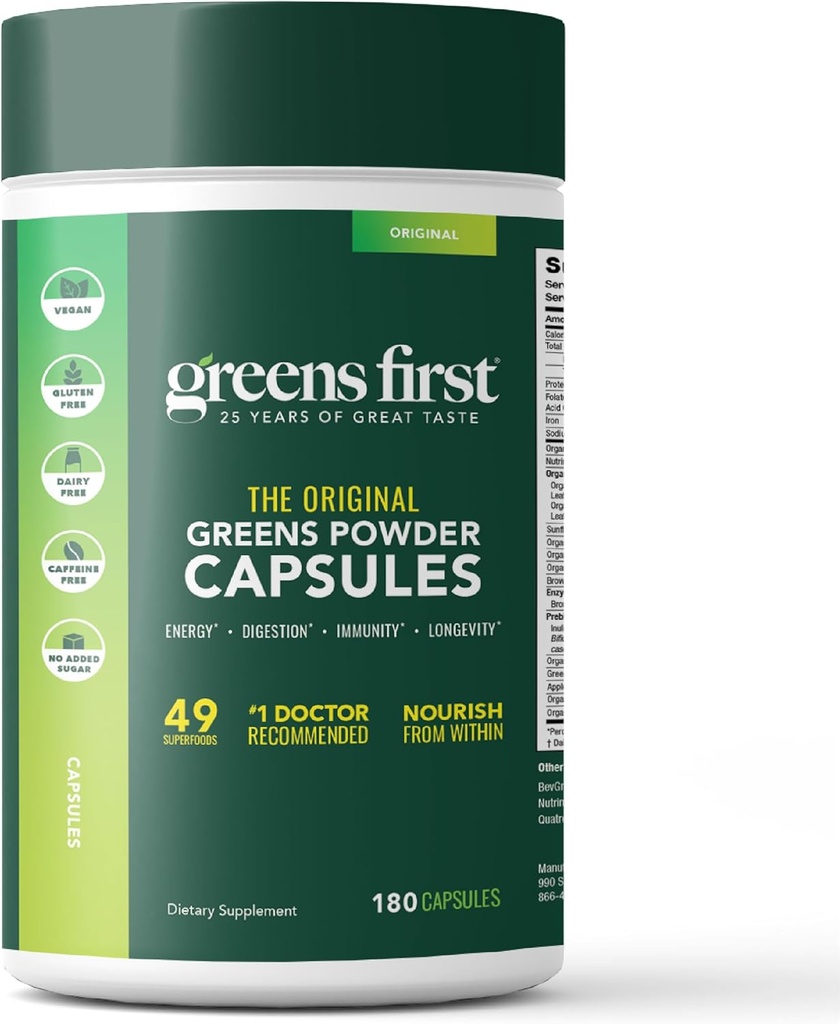 Greens First PRO Phytonutrient Capsules - 30 Hizmet - 54 Antioksi Superfoods, Organik Meyveler ve Sebzeler - Prebiyotikler, Probiyotikler & Digestive Enzymes - Süt & Buğday-Free, Non-GMO - 180 Capsules