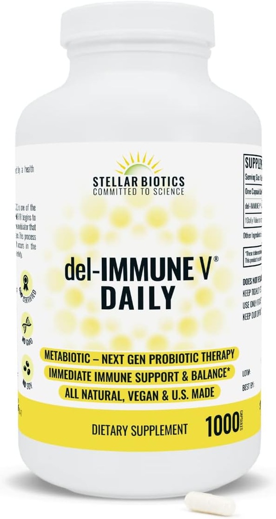 Del-Immune V® Daily by Stellar Biotics, All-Natural Immune Support & Gut Health, Inmmediat Care, Metabiotic: NextGen Probiotic Therapy (1000 Caps)