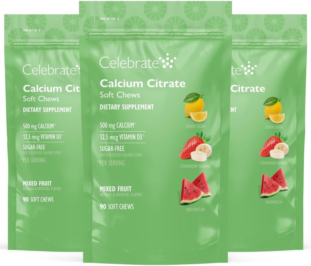 Celebrate Vitamins Bariatric 500mg Calcium Citrate Soft Chews with 500 IU Vitamin D3 – Essential for Gastric Bypass Patients & Bone Health - Sugar & Gluten Free, Fruit (270 Chews)