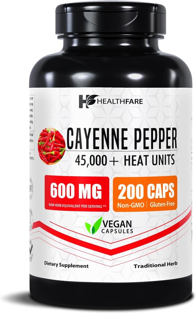 HealthFare Cayenne Pepper Capsules 600 mg | 200 Vegan Pills | 45,000 Heat Birimleri (HU) | Cardiovascular, Circulation & Digestive Support | High Potency Herbal Ekstraksiyon | Non-GMO, Gluten-Free | Made in USA