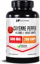 HealthFare Cayenne Pepper Capsules 600mg | 200 Vegan Pills | 45,000 Heat Units (HU) | Cardiovascular, Circulation & Digestive Support | High Potency Herbal Extract | Non-GMO, Gluten-Free | Made in USA