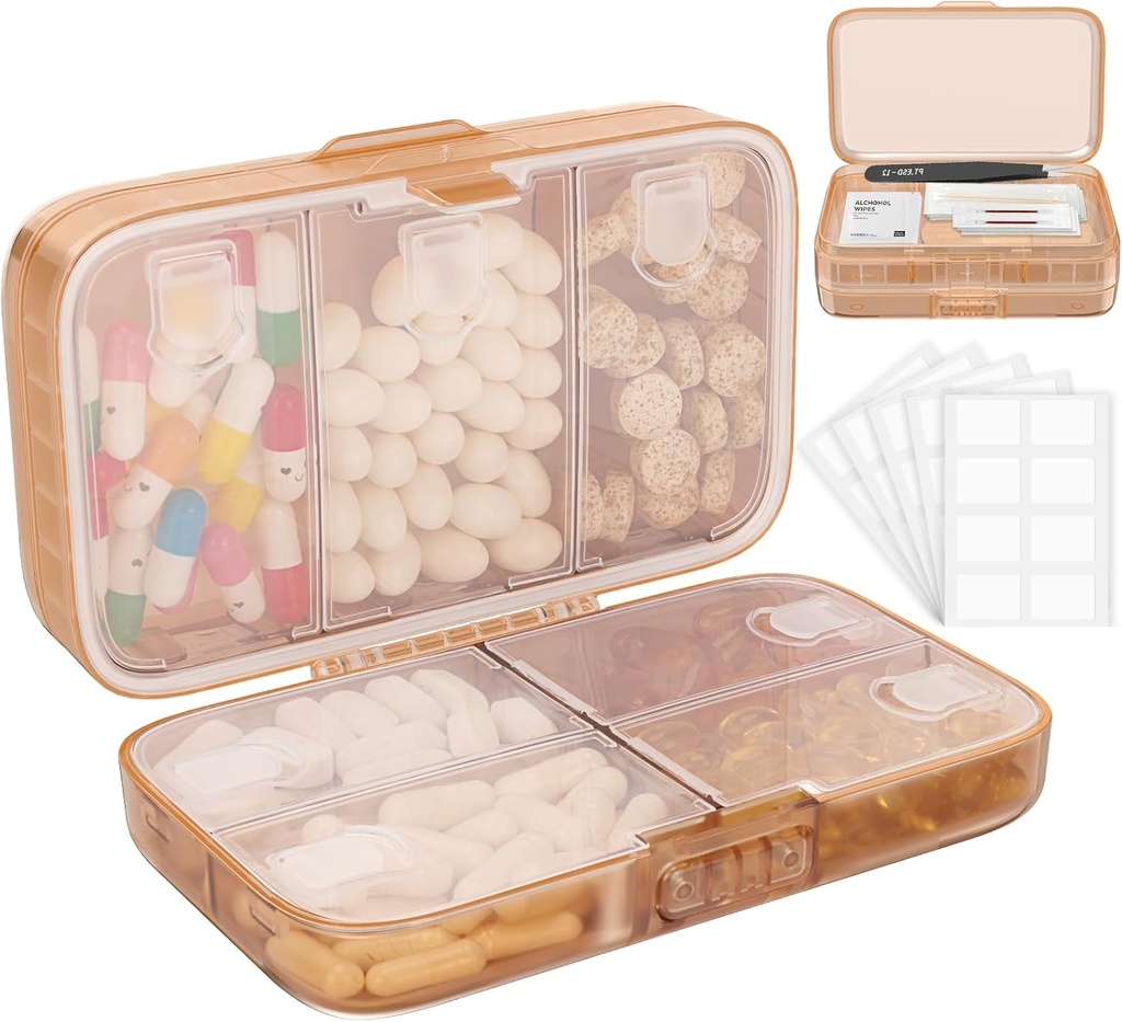 FYY Weekly Pill Organizer with Labels,8 Compartments Travel Daily Pill Case Airtight Moistureproof Large Pill Box to Hold Vitamins, Fish Oil, Supplements,Cotton Swab and Bandages-Brown