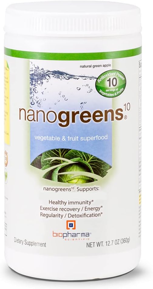 Biopharma Scientific NanoGreens: Πράσινα Superfood Φρούτα & Φυτικά Σκόνη για Digestive Υγεία & Ανοσία με Spirulina, Chlorella, Kale, Σπανάκι, Plant Based, Green Apple Flavor, 30 Υπηρεσίες