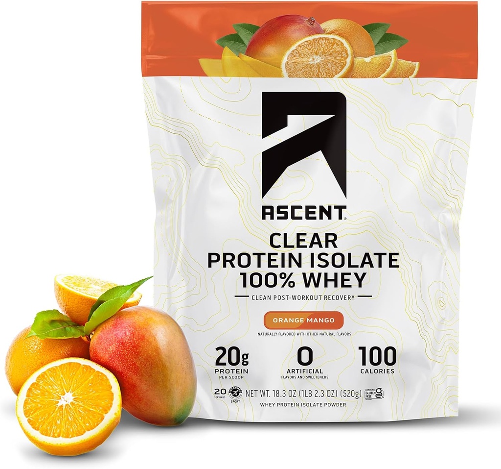 Yüzde 100 Clear Whey Protein Tozu - Post Workout, Zero Yapay Flavors & Sweeteners, Gluten Free, 5.5g BCAA, 2.1g Leucine, Essentials, Orange Mango, 20 Hizmetler