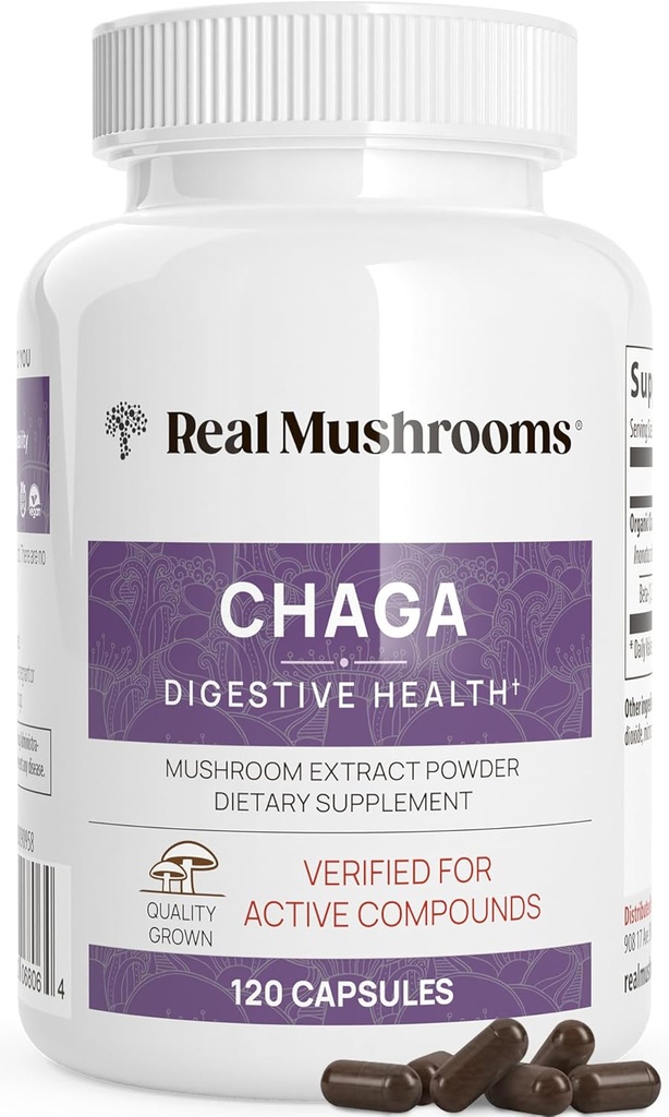 Real Mushrooms Chaga Mushroom Capsules - Organik Chaga, Alfama ve Enerji Desteği için Ekstra Toz Üretiyor – Vegan, Non-GMO, 120 Capsules – Organik Mushroom Supplement