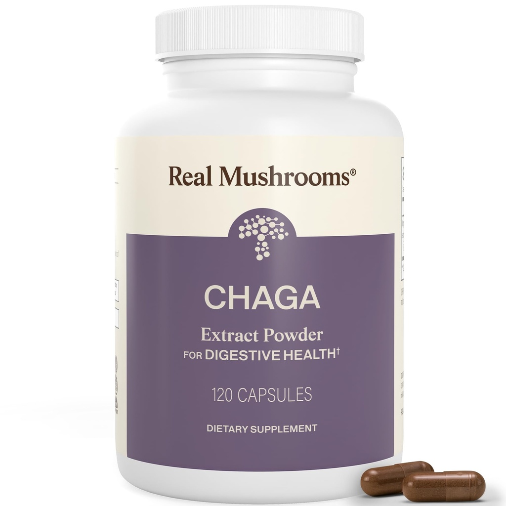 Real Mushrooms Chaga Mushroom Capsules - Organik Chaga, Alfama ve Enerji Desteği için Ekstra Toz Üretiyor – Vegan, Non-GMO, 120 Capsules – Organik Mushroom Supplement