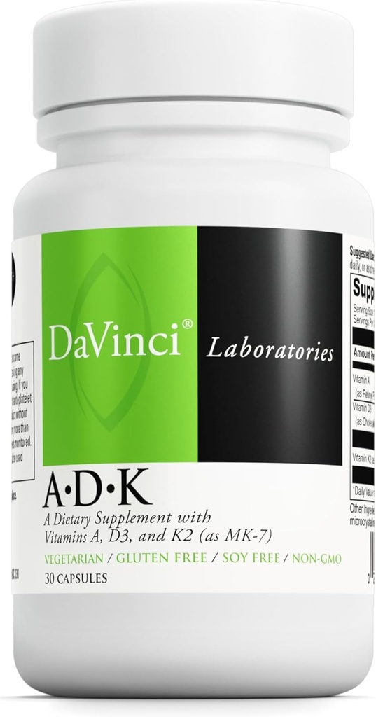 DAVINCI Labs ADK - Βοηθά στην υποστήριξη της υγείας των οστών, της καρδιάς και του ανοσοποιητικού - Συμπλήρωμα διατροφής με βιταμίνες Α, D3 & K2 (ως MK-7) - Χορτοφαγικά, Χωρίς γλουτένη & Χωρίς σόγια - 30 κάψουλες
