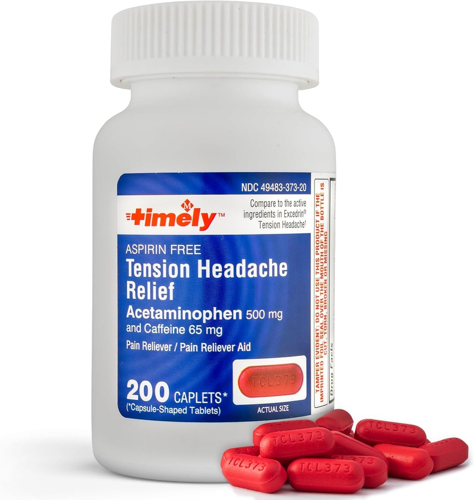 Timely - 200 Caplets - Ένταση Κεφαλαλγία και πόνος Reliever με Acetaminophen 500 mg και καφεΐνη 65 mg Extra Strength for Head, Neck, ώμος και πόνος σώματος Reliever, Aspirin Free - Made in USA