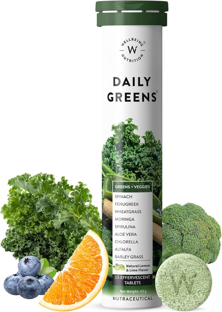 WELLBEING NUTRITION Daily Greens | Natural Lemon and Lime Flavour | 15 Tabletler 63g (2.22Ounce)