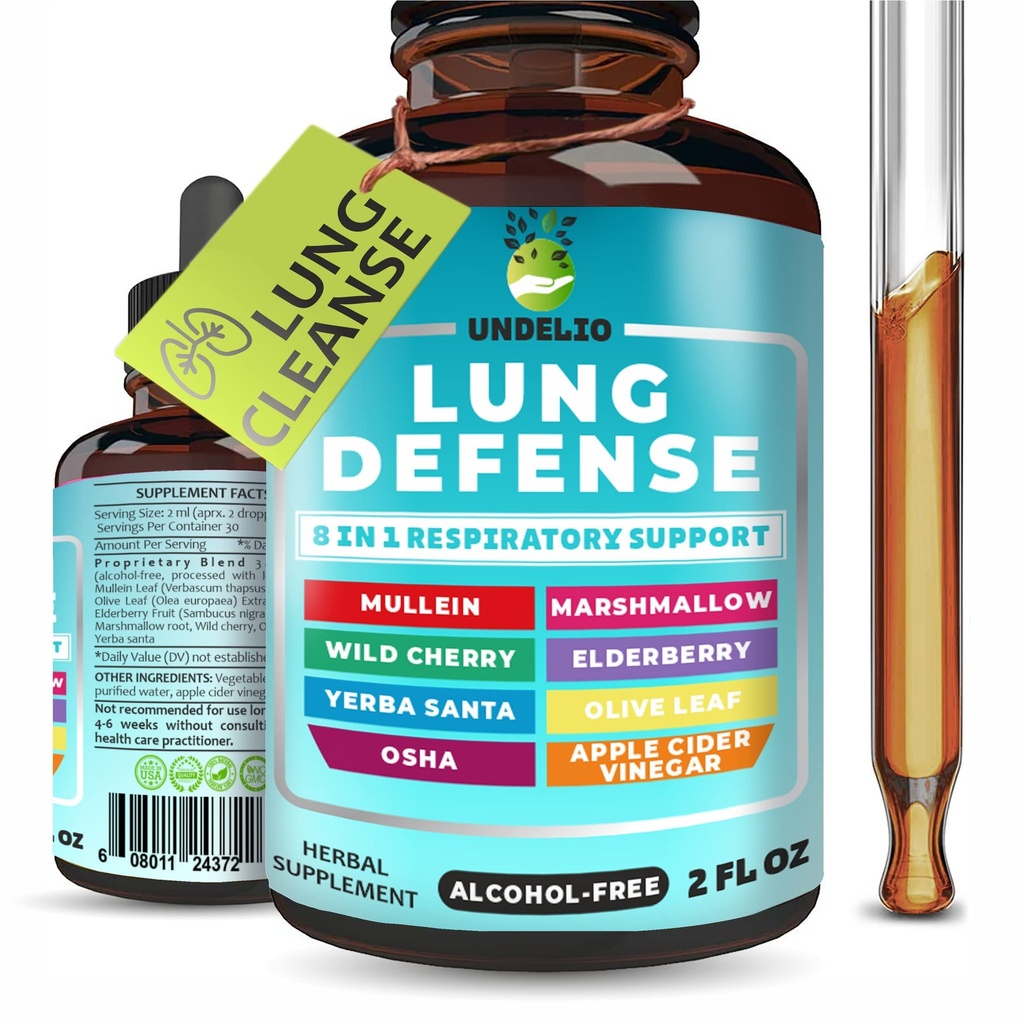 8 in 1 Lung Defense Herbal Extract, Blend (Mullein-Marshmallow-OSHA-Wild Cherry-Elderberry-Yerba Santa-Olive Leaf-ACV) Lung Cleanse, υποστήριξη αναπνευστικού και ανοσοποιητικού συστήματος. Συμπλήρωμα υγρού 2 OZ