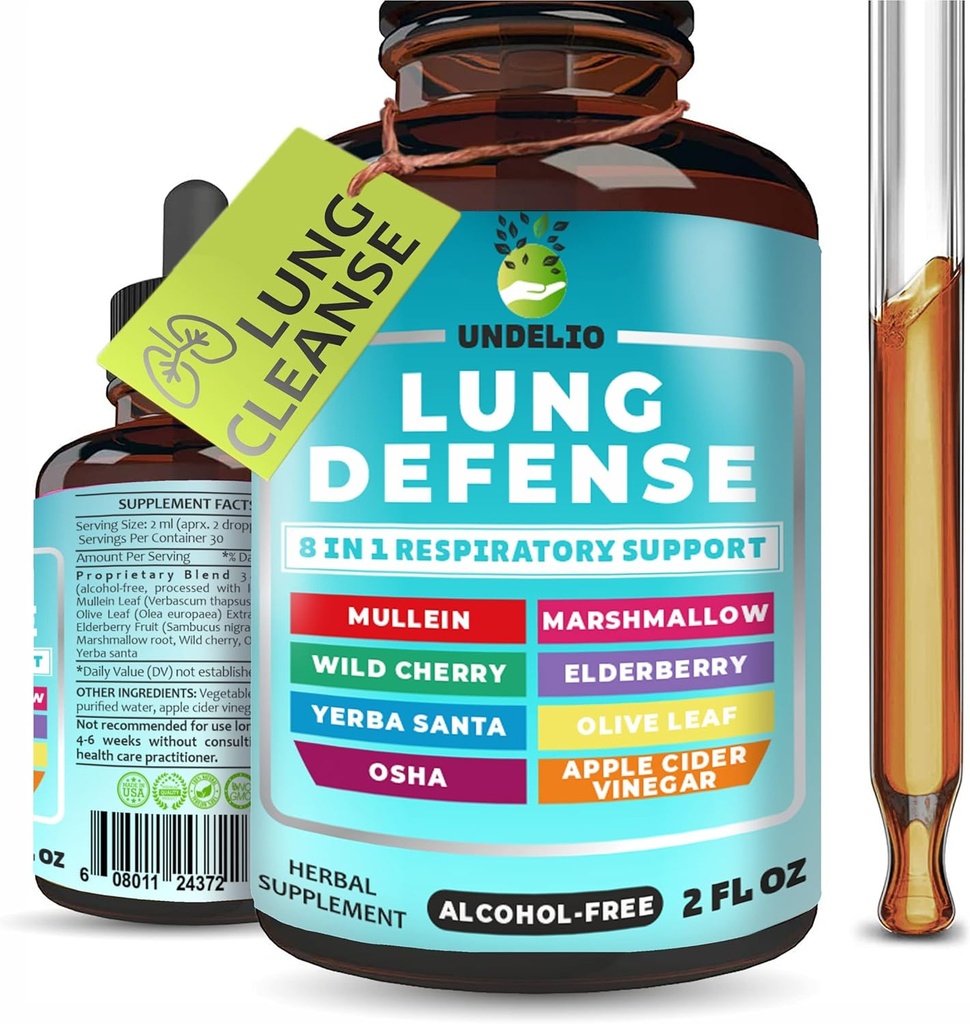8'de 1 Lung Defense Herbal Extract, Blend (Mullein-Marshmallow-OSHA-Wild Cherry-Elderberry-Yerba Santa-Olive Leaf-ACV) Lung Cleanse, Respiratory & Immune System Support. Sıvı Supplement 2 OZ