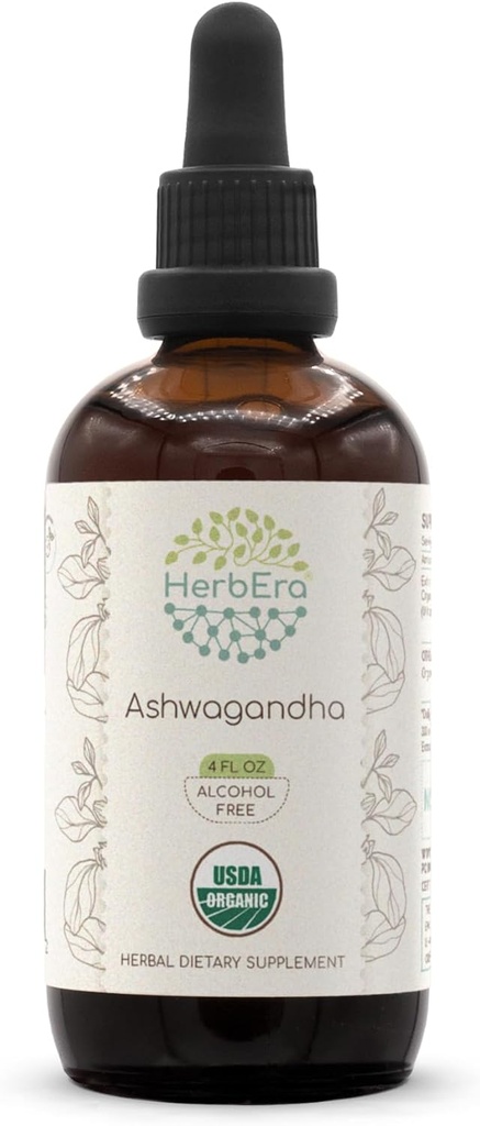 HerbEra Ashwagandha B120 εκχύλισμα βοτάνων χωρίς αλκοόλ, εξαιρετικά συμπυκνωμένο οργανικό USDA (Shui Qie, ινδικό Ginseng, Withania Somnifera) 4 fl oz