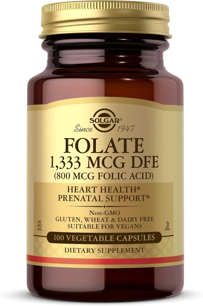 Solgar Folate 1,333 mcg Diyetary Folate Equivalent (800 mcg Folic Acid), 100 Sebze Capsules - Kalp Sağlığı, Sağlıklı Nervous Sistemi, Prenatal Destek - Non-GMO, Vegan, Gluten Free - 100 Hizmet