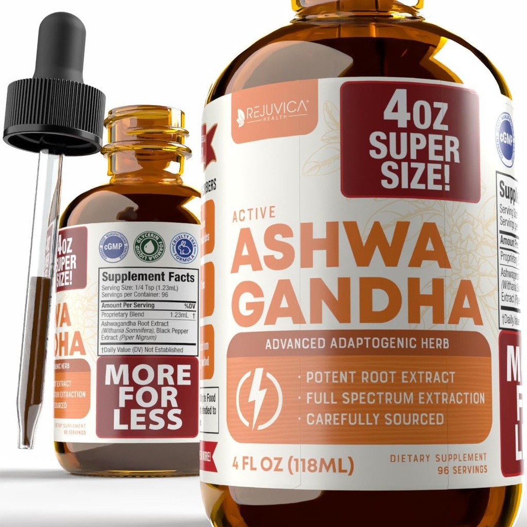 Rejuvica Health Active Ashwagandha 4oz XL Süper Boyut - Gelişmiş Sıvı Tamam Tincture - Withania Somnifera Extract Drops - Ashwagandha Roots Only - Natural Occurring Withanolides