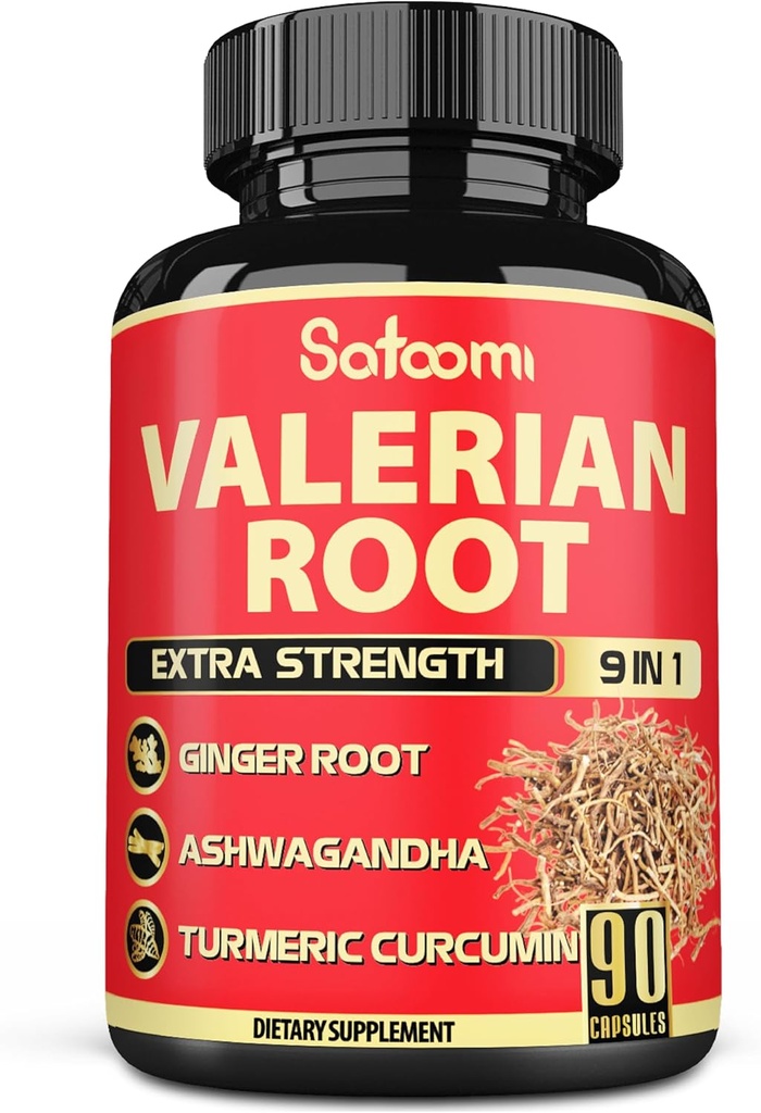 Satoomi Valerian Root Capsules - 9 Natural Herbs - Ashwagandha, Turmeric, Ginger, Ceylon Cinnamon - 90 Caps for 3-Month Supply
