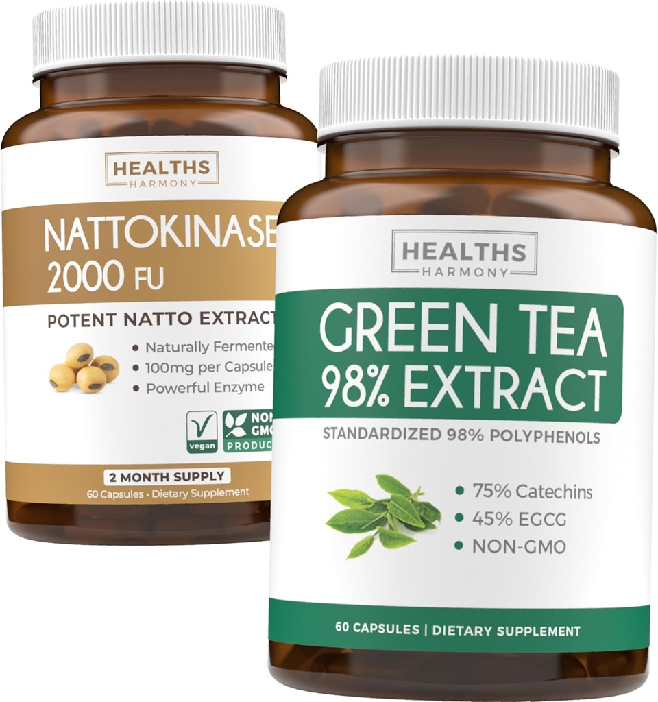 Nattokinase & Green Tea (1-Month Supply) Energy Boost Sche - Nattokinase 2000 FU Güçlü Doğal Fermented Soybeans (60 Caps) & Green Tea Extract 98 with EGCG (Non-GMO) Natural Metabolism Boost
