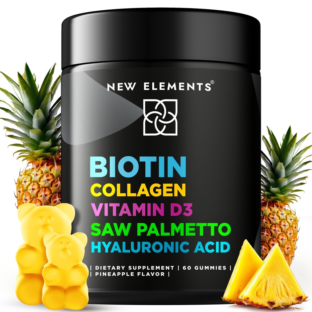 Collagen Vitamin D3 Saw Palmetto & Hyaluronic Acid for Hair Skin and Nails, Hair Growth Supplement for Men & Women | Non-GMO | Gluten-Free | Natural Pineapple Flavor