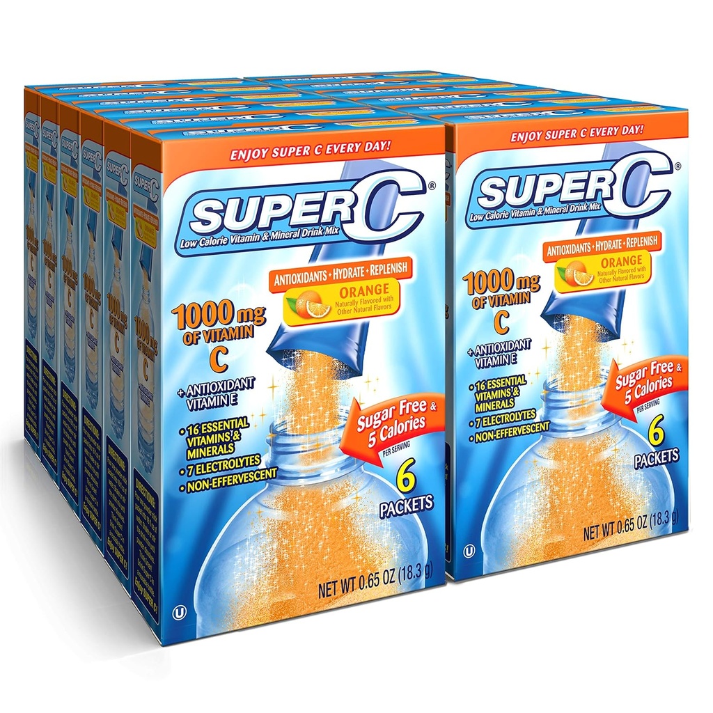 Super C Vitamin & Mineral İçilir Mix, Orange, 6 CT Singles To Go, Pack Of 12 (72 Total Packets)