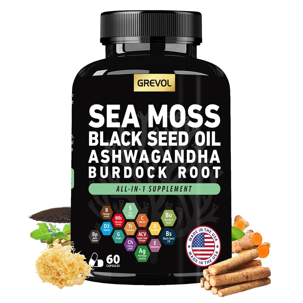 Sea Moss Black Seed Oil Ashwagandha Bladderwrack Burdock Root Turmeric & Vitamin C D3 Elder ACV Black Pepper - Multimineral Supplement - 60 Count Count Count Count