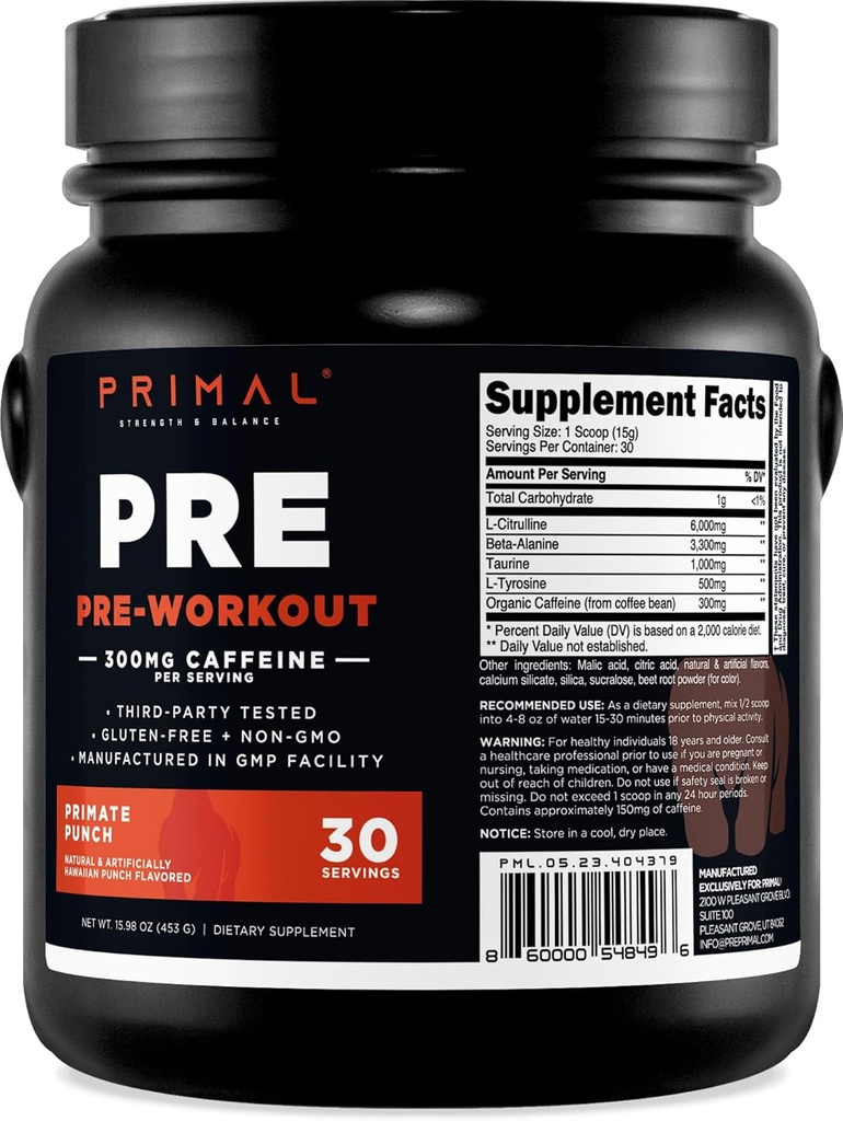 Primal Pre-Workout Primate Punch (30 hizmet) (Tropical Flavored) - Gluten Free & Non-GMOMOMO