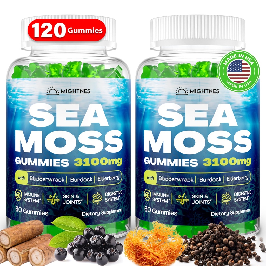 Sea Moss Gummies, 3100mg Irish True Sea Moss Seamoss Gummies for Women & Men with Bladderwrack, Burdock Root, Elderberry Vitamin C και Zinc για Detox Cleanse, Immune, Skin, Digestive, Organic, 120Ct